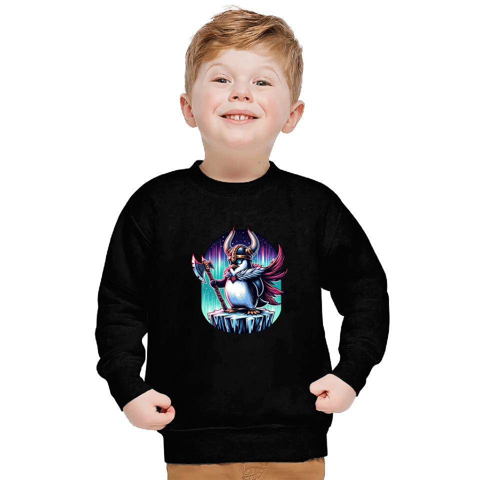 Viking Penguin Warrior Under Northern Lights Sweatshirts
