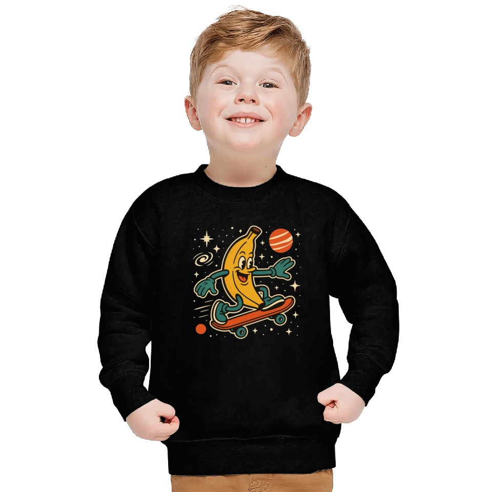 Playful Banana Skateboard Space Scene Sweatshirts
