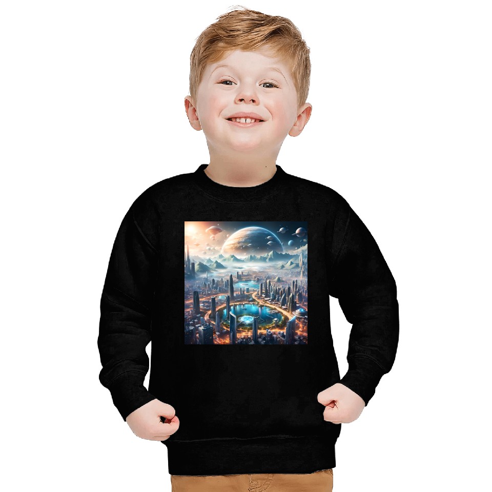 Futuristic Cityscape with Alien Planets Sci-Fi Sweatshirts