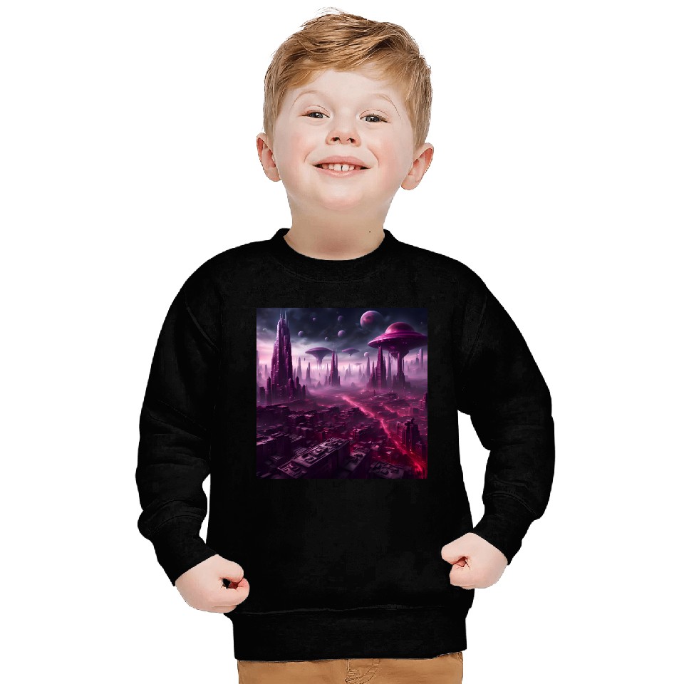 Sci-Fi Future World And Alien City in Neon Pink Sweatshirts