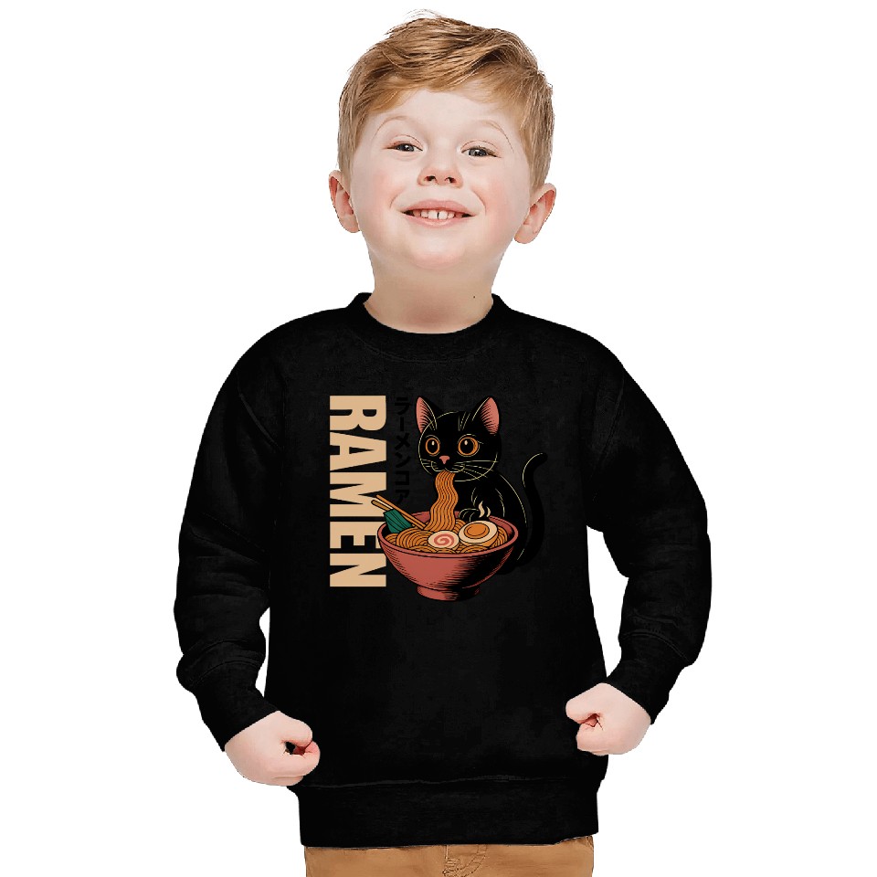 Black Cat Ramen Illustration Sweatshirts