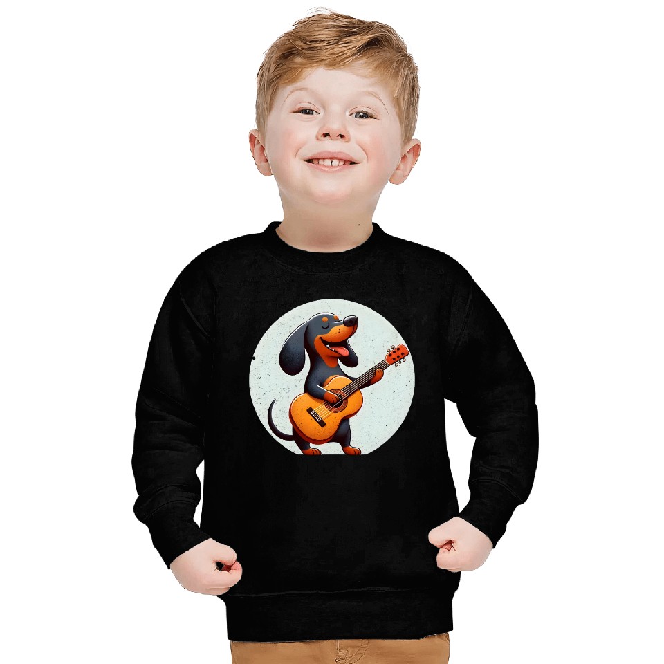 Playful Dachshund Guitar Badge Sweatshirts