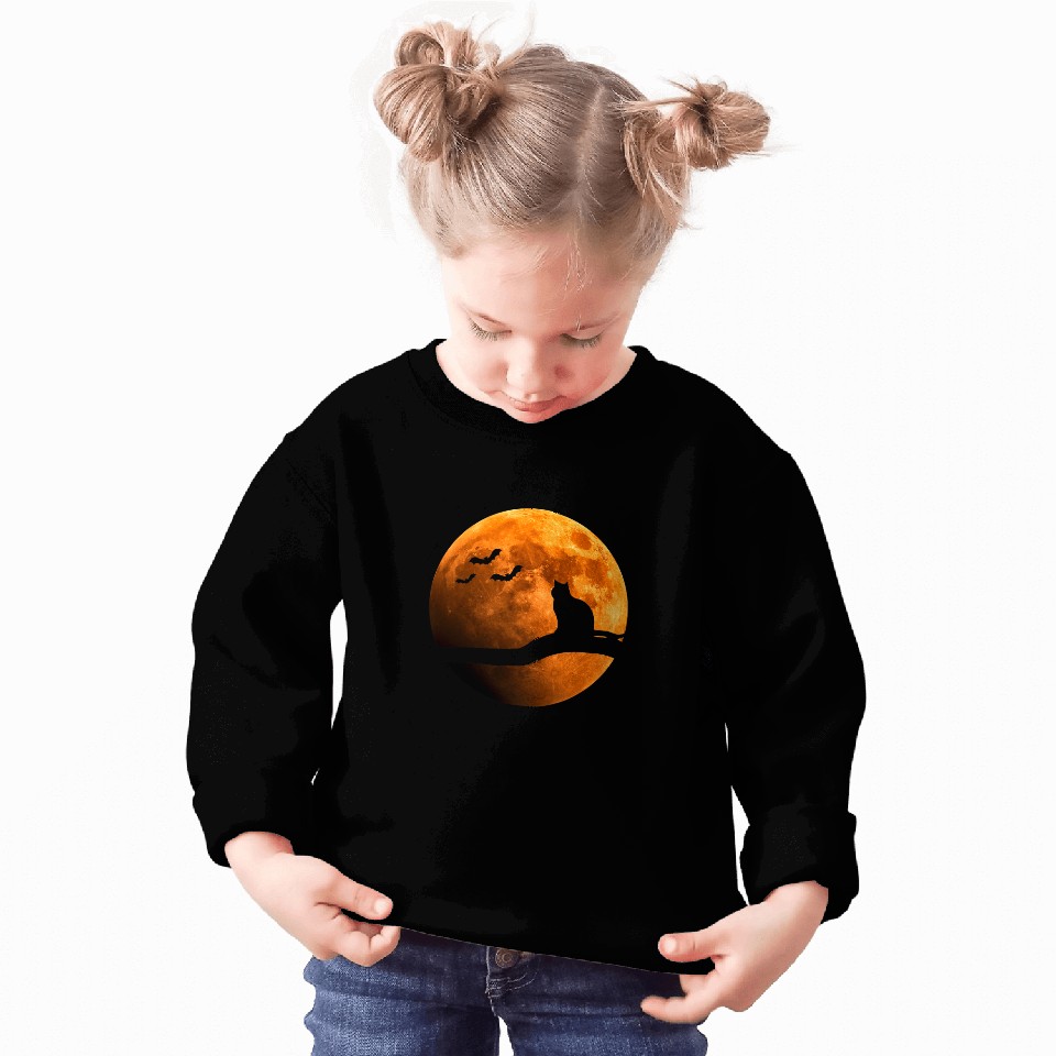 black cats Paws Halloween Orange Full Moon and Bats 2 Sweatshirts