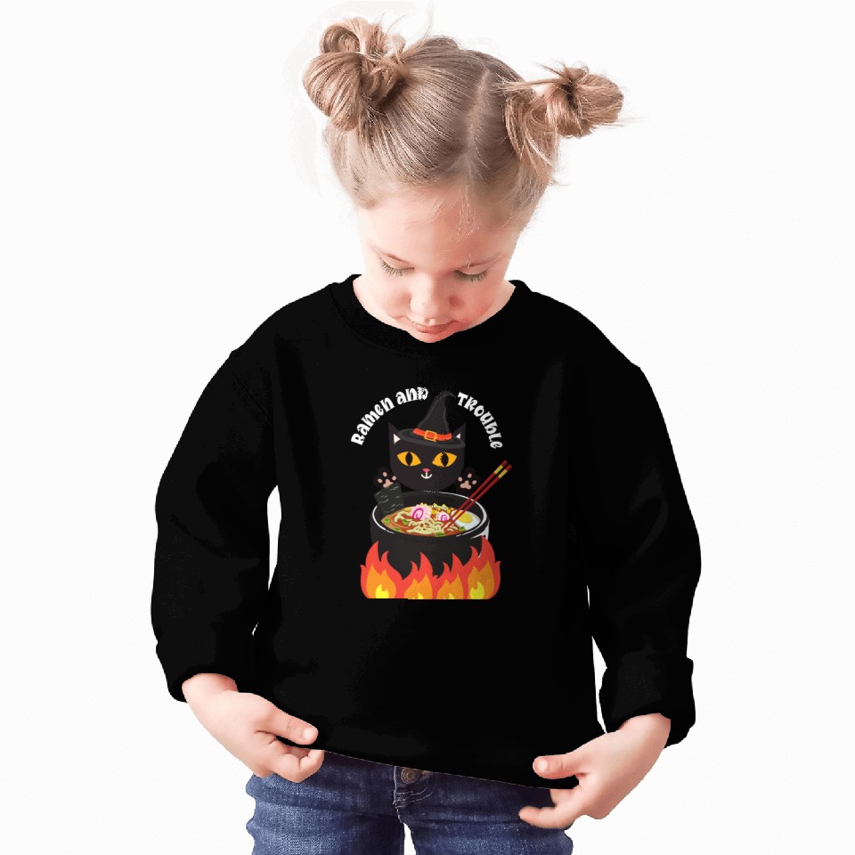 Halloween Black Cat, Ramen and Trouble Sweatshirts