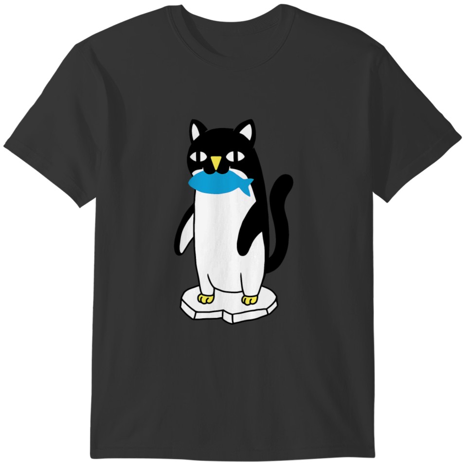 Penguin Cat Eat Fish Sketch Drawing T-shirt