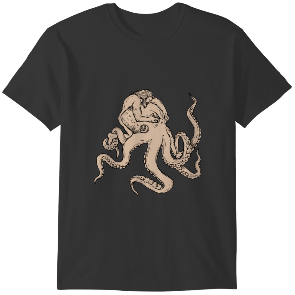 Hercules Fighting Giant Octopus Drawing T-shirt