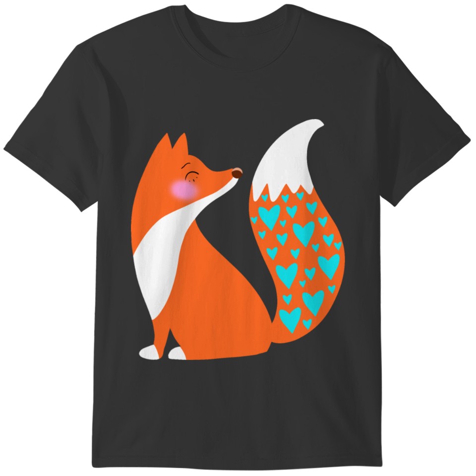 Red fox a bushy tail with blue hearts illustration T-shirt