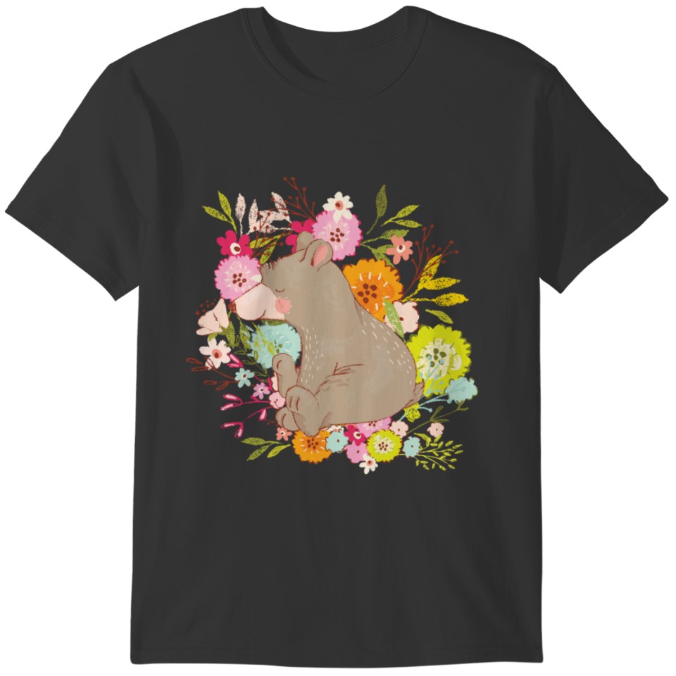 Colorful Kids Flowers Bear Motif Watercolor Outfit T-shirt