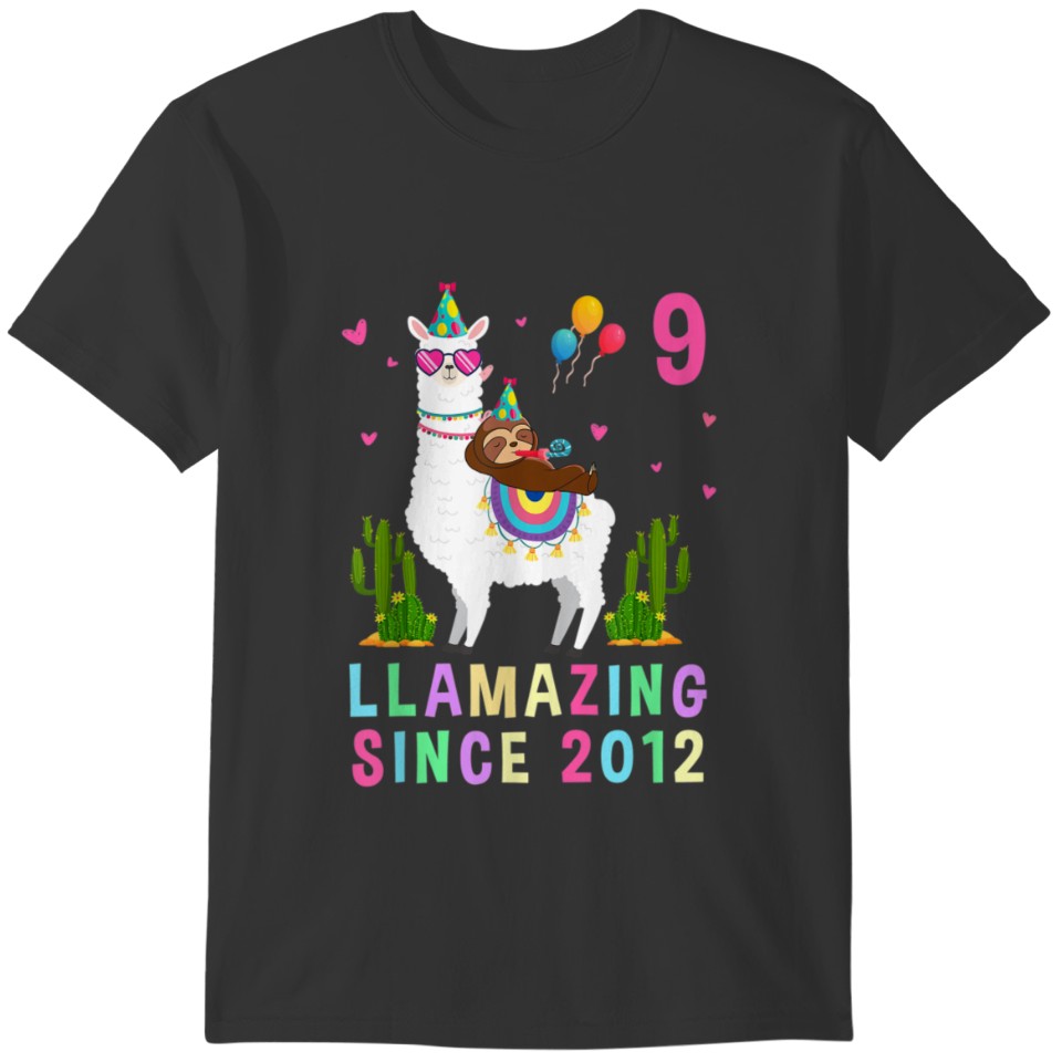 9 Years Old 9th Birthday Sloth Riding Llama Girls T-shirt
