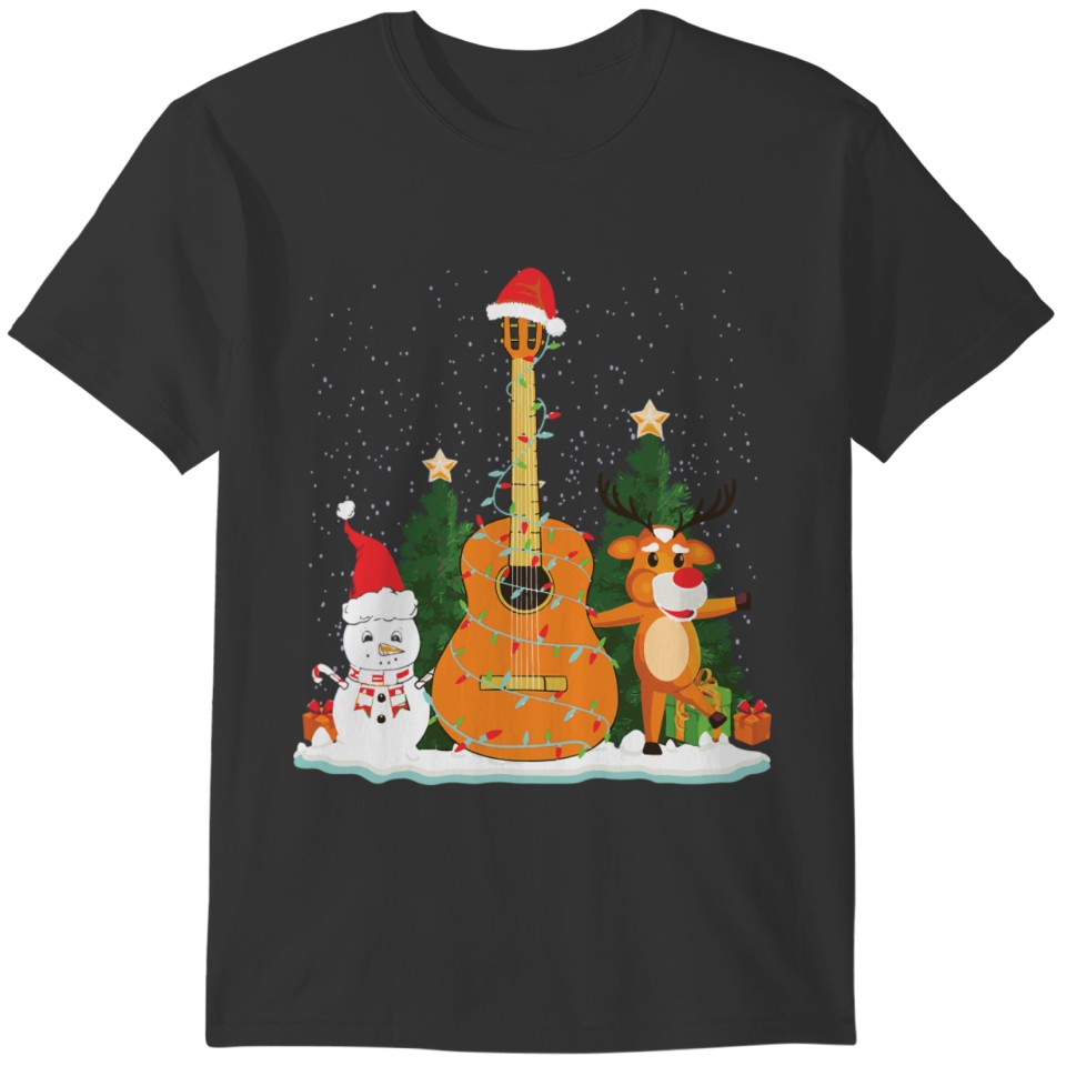Guitar Christmas Lights Reindeer Snowman Family T-shirt