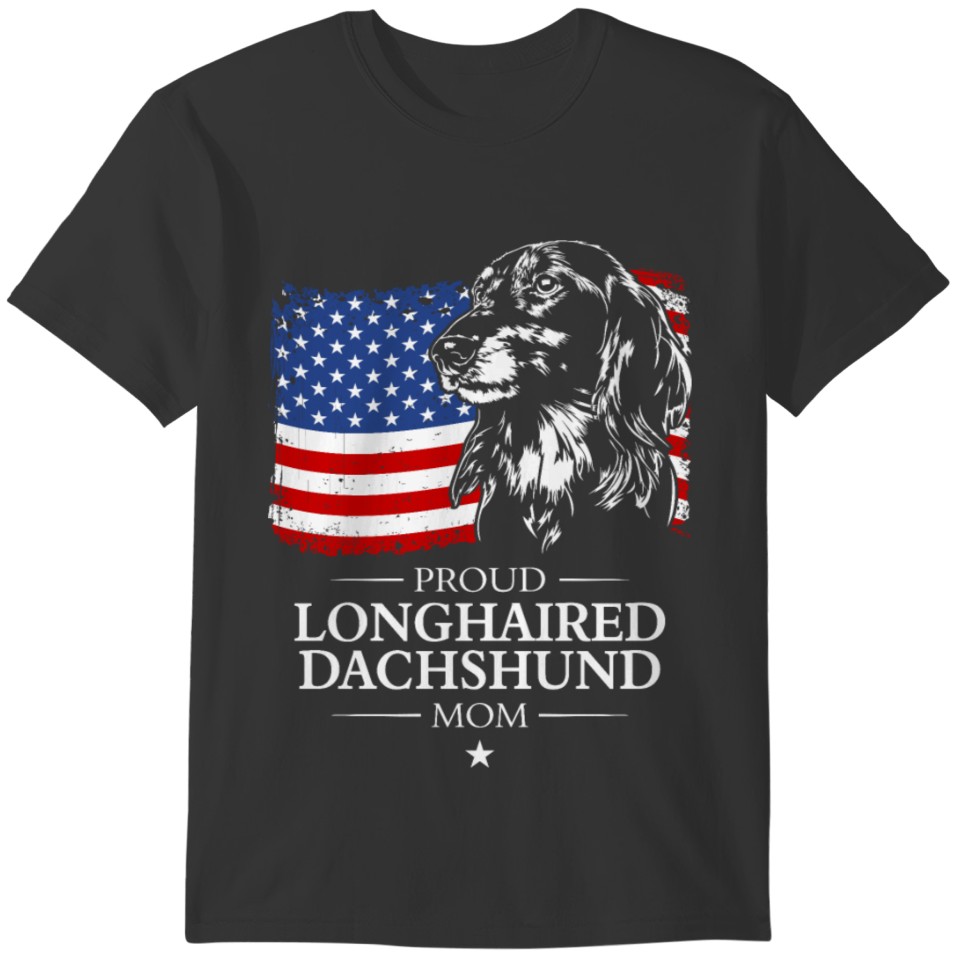 LONGHAIRED DACHSHUND Mom American Flag patriotic T-shirt