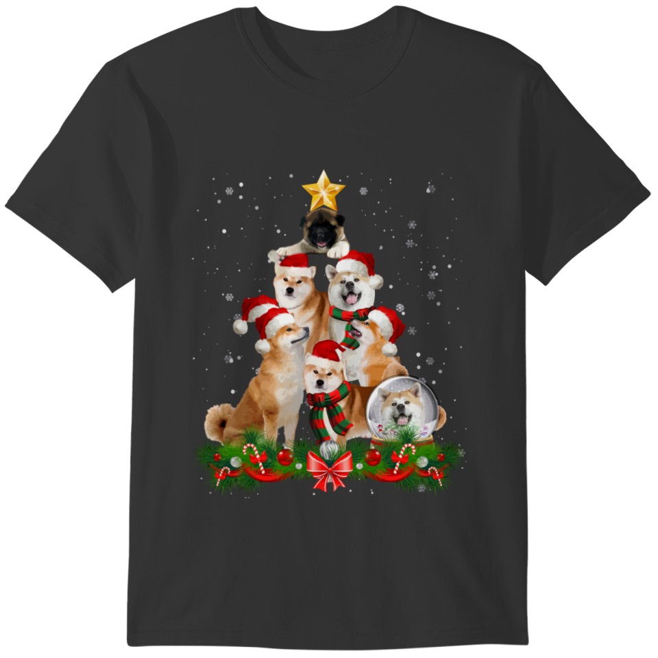 Akita Dog Christmas Dog Light Tree Xmas Santa T-shirt