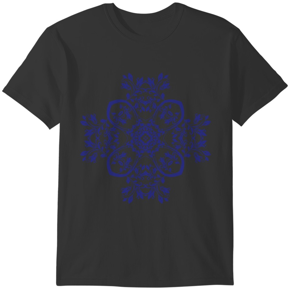 Dark Blue Floral Mandala Art T-shirt
