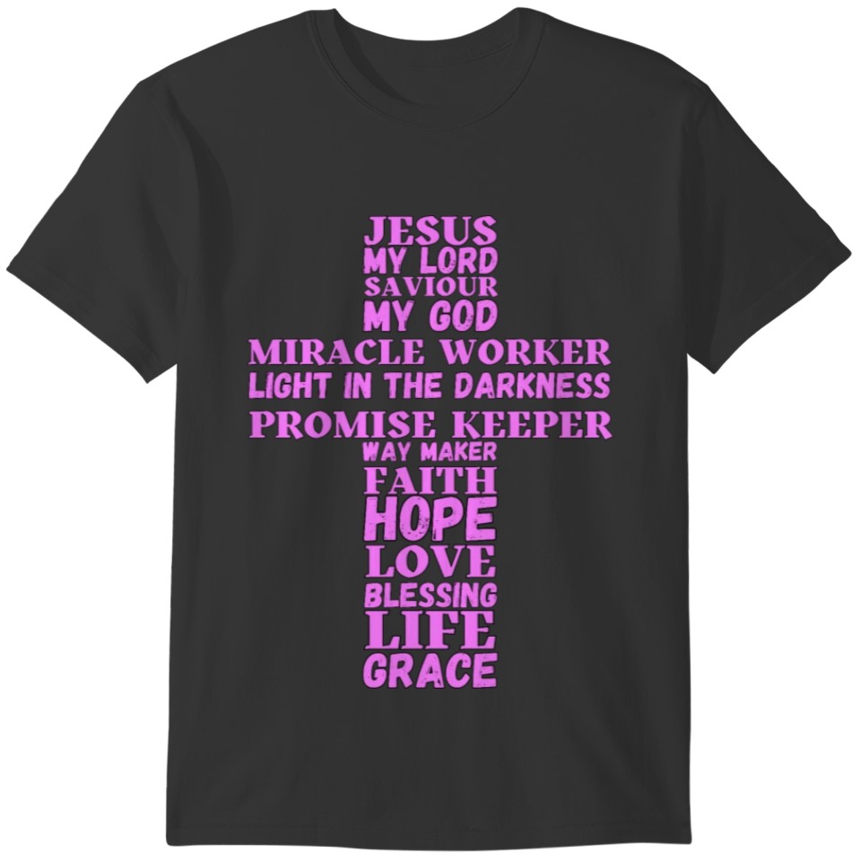 Cross created by words about Jesus - Pink text T-shirt