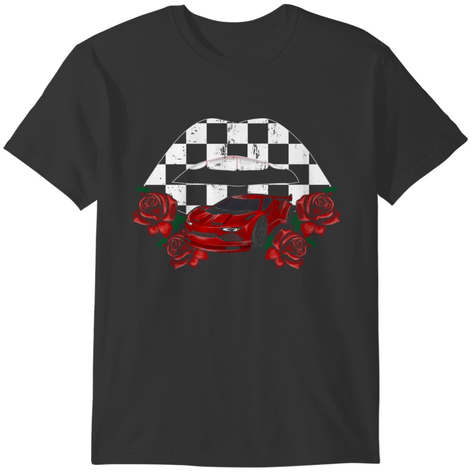 Checkered Lips Kiss Red Rose Flower Racing Party T-shirt