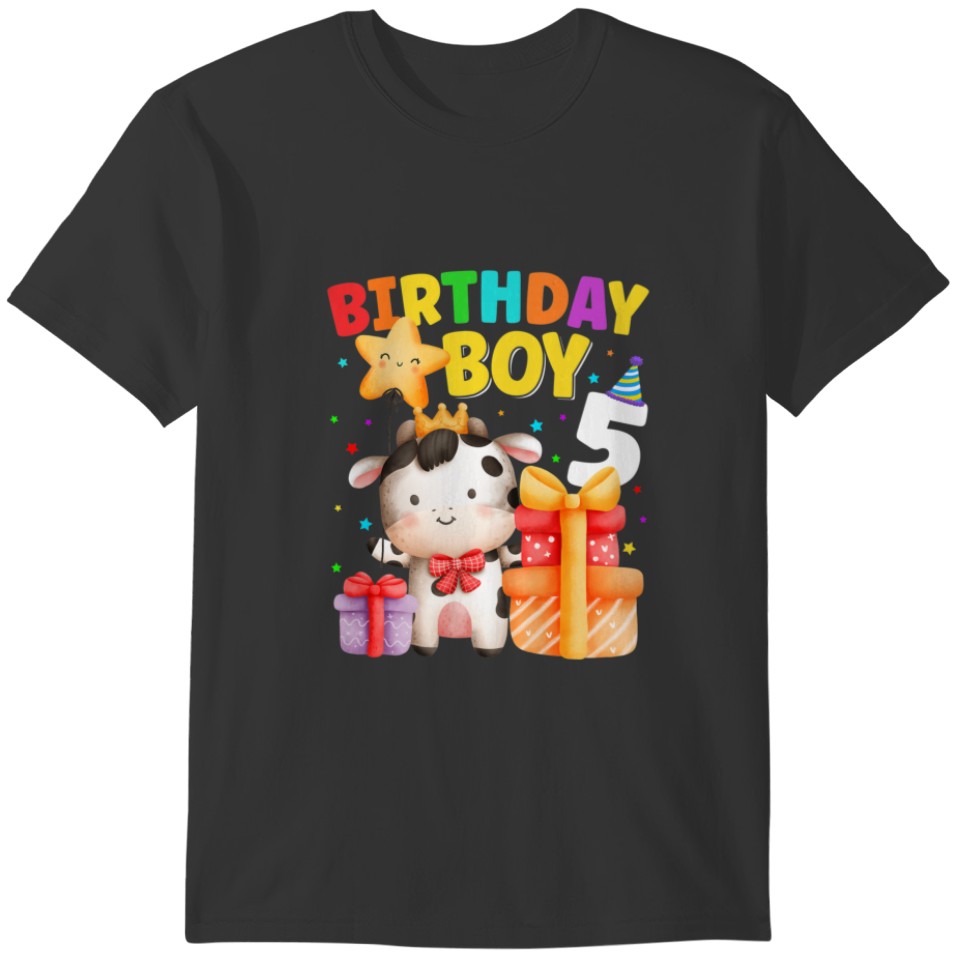 Funny 5 Year Old Birthday Boy 5Th Cow Farm Animals T-shirt