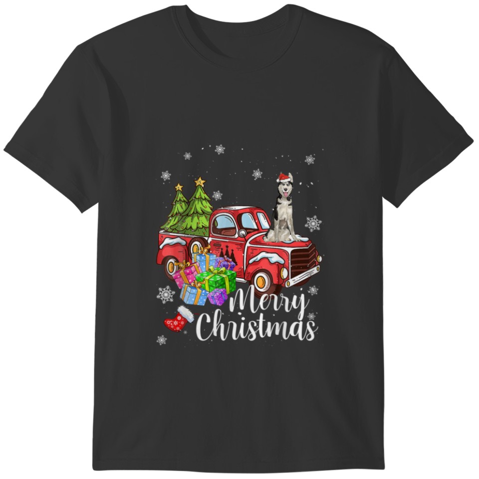 Husky Riding Red Truck Xmas Merry Christmas T-shirt