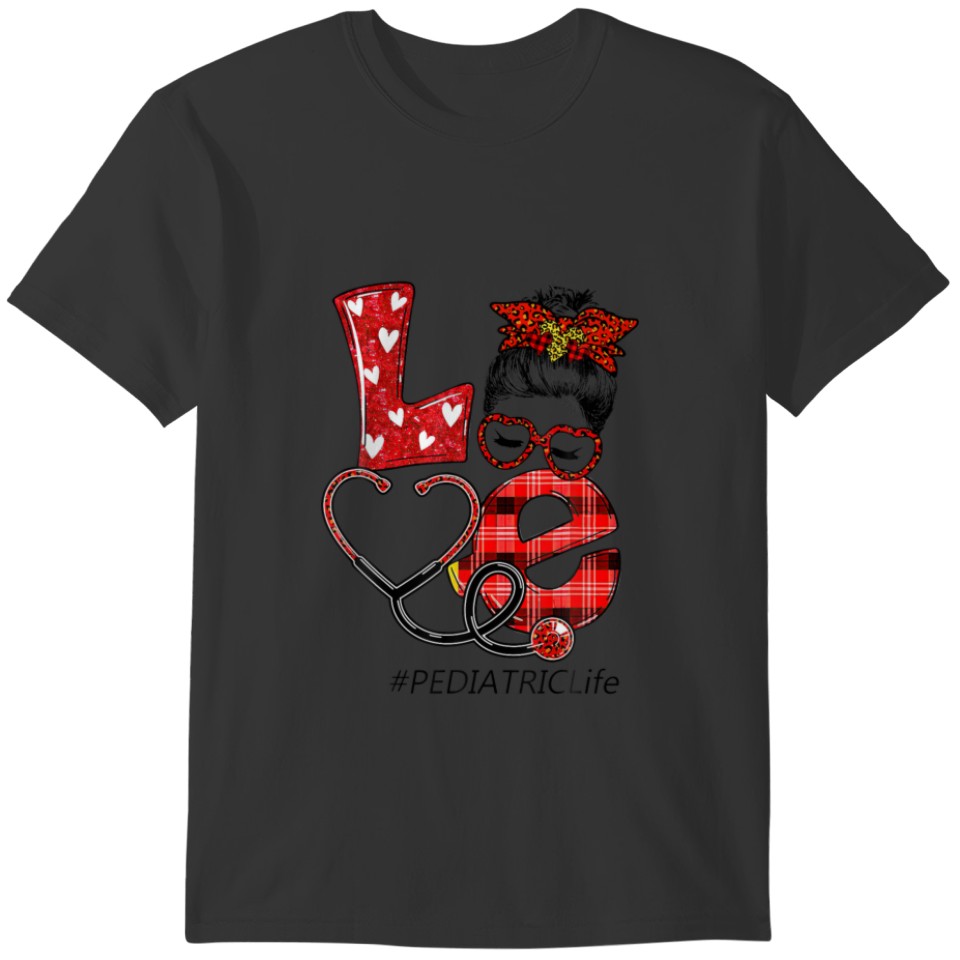 Pediatric Nurse Plaid Leopard Love Heart Messy Bun T-shirt