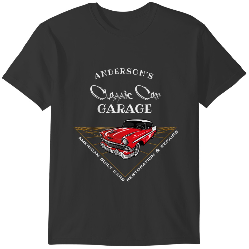 Classic Car Garage Custom Name Red Vintage Car T-shirt