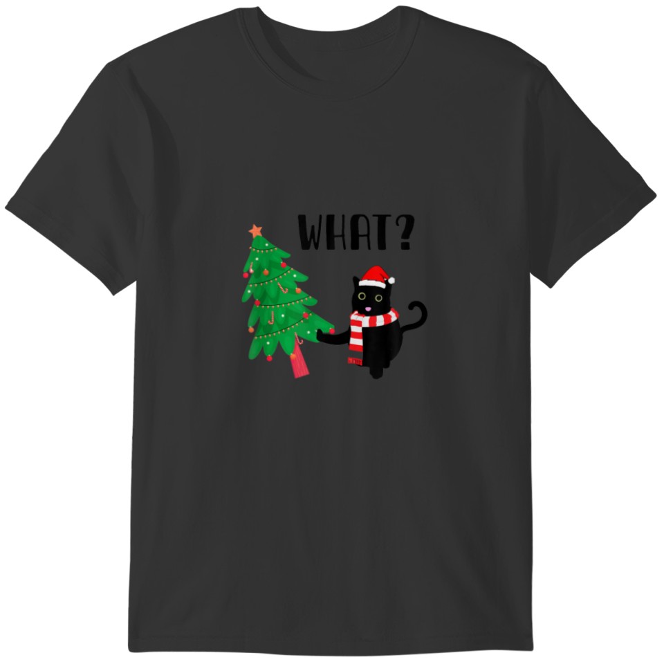Funny Black Cat Pushing Christmas Tree Over Cat Wh T-shirt