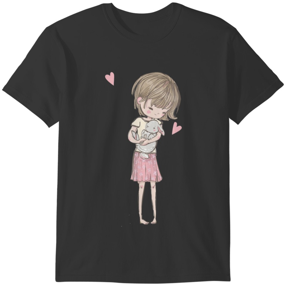 Rabbit Gift |Cute Little Girl & Bunny Rabbit Pink T-shirt
