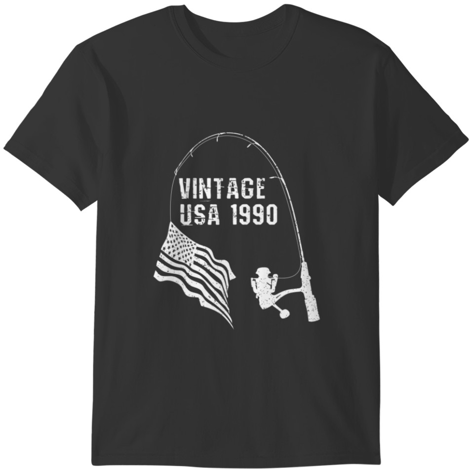 Fishing Vintage American Flag 1990 Birthday T-shirt