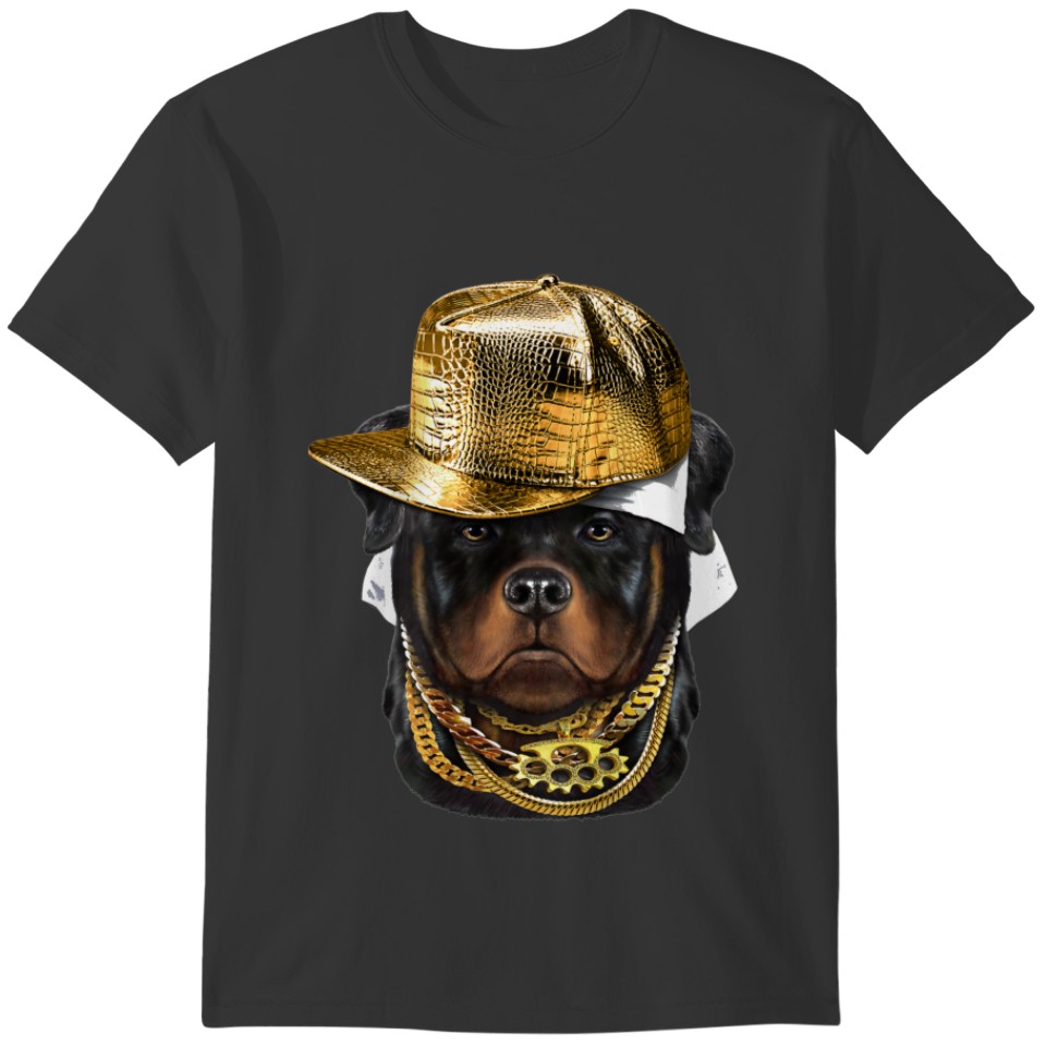 Rottweiler Dog Wearing Hip Hop Rapper Cap T-shirt