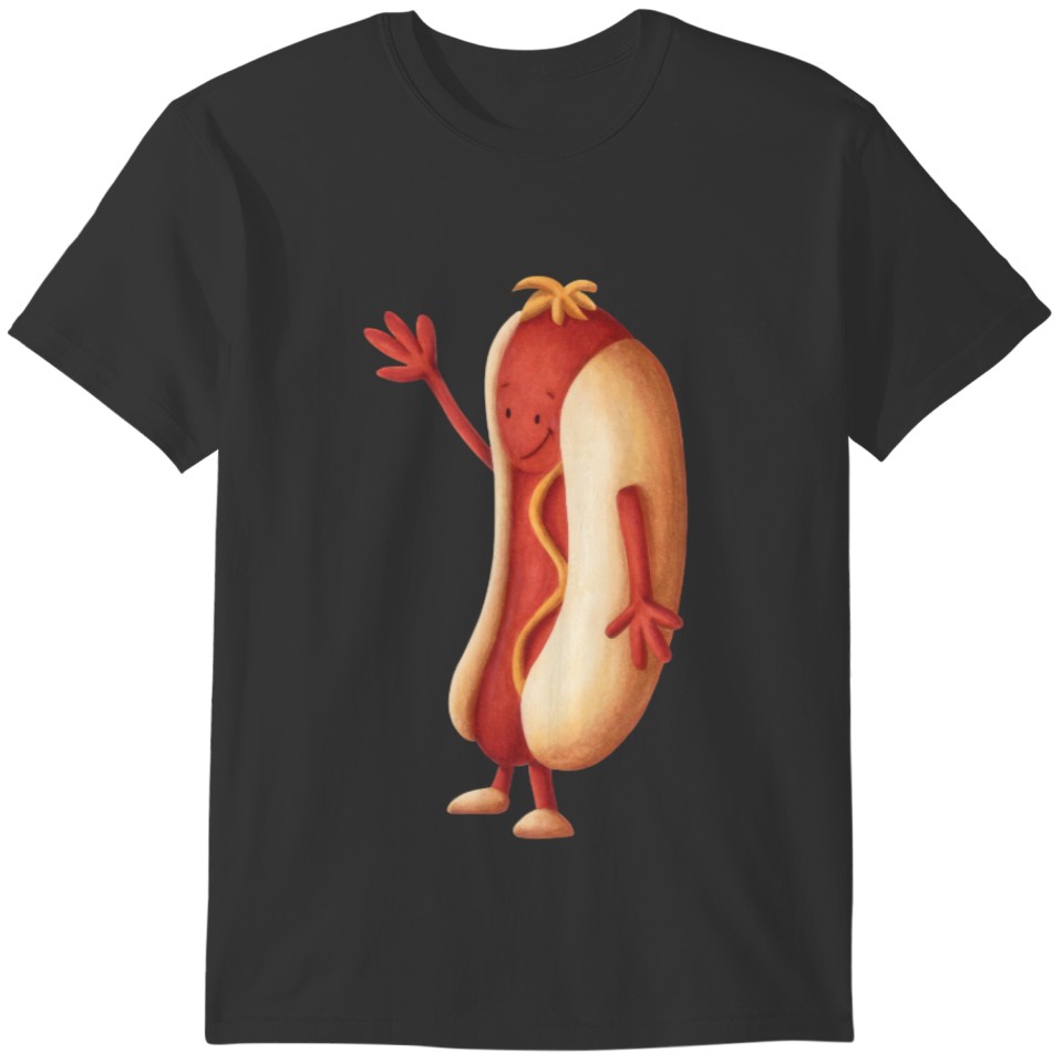 Cute Hot Dog waving with mustard illustrated T-shirt