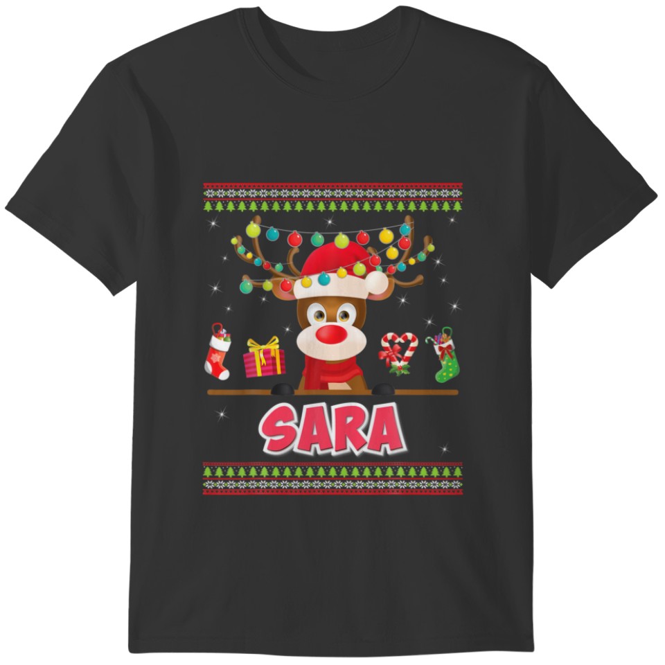 Cute Reindeer Sara Merry Christmas Light Santa Hat T-shirt