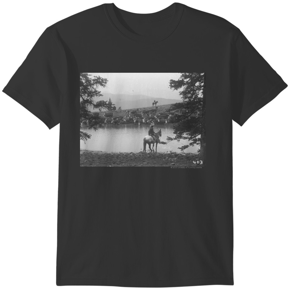 Cattle by a pond with two cowboys. T-shirt