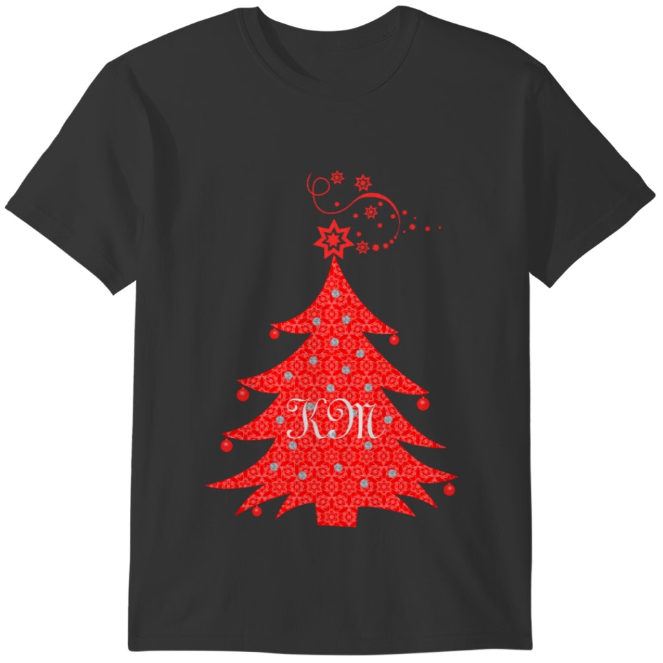 Red Lace Christmas Tree and Stars Custom Initials T-shirt