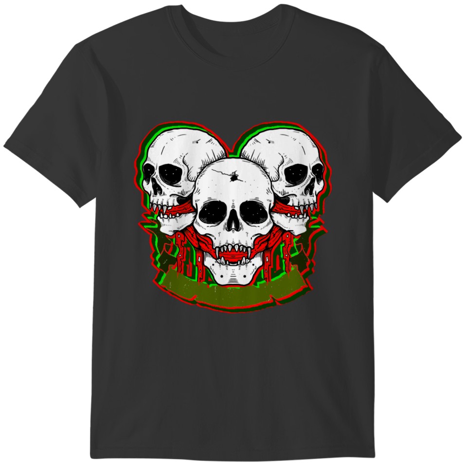 Halloween Skulls White Red Green With Red Rags T-shirt