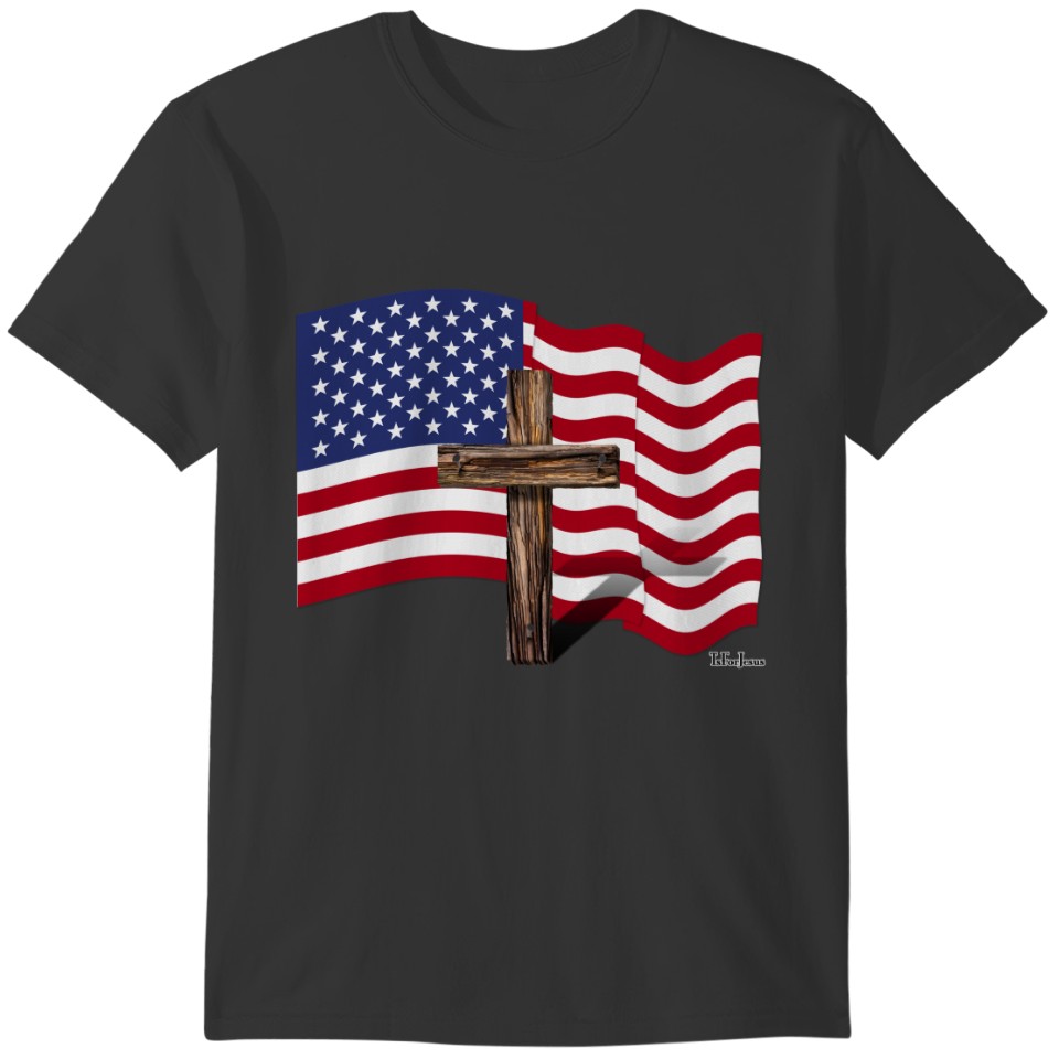 American Flag Waving and Rugged Cross T-shirt