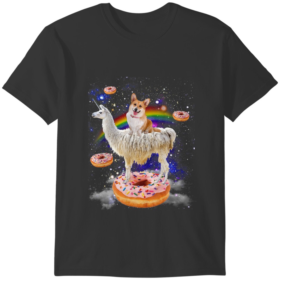 Space Corgi Riding Llama and Donuts Galaxy Funny C T-shirt