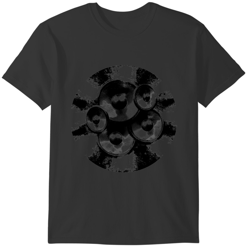 Black and white music speakers in a circle T-shirt