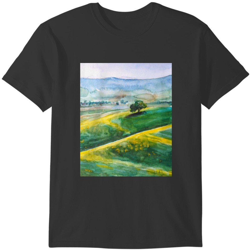 green and yellow landscape watercolor painting T-shirt