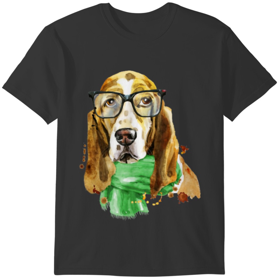 basset hound hipster glasses watercolor art dog T-shirt