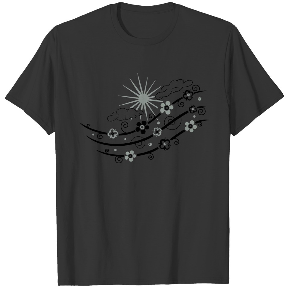 Sun with clouds, rainbow and flowers. T-shirt
