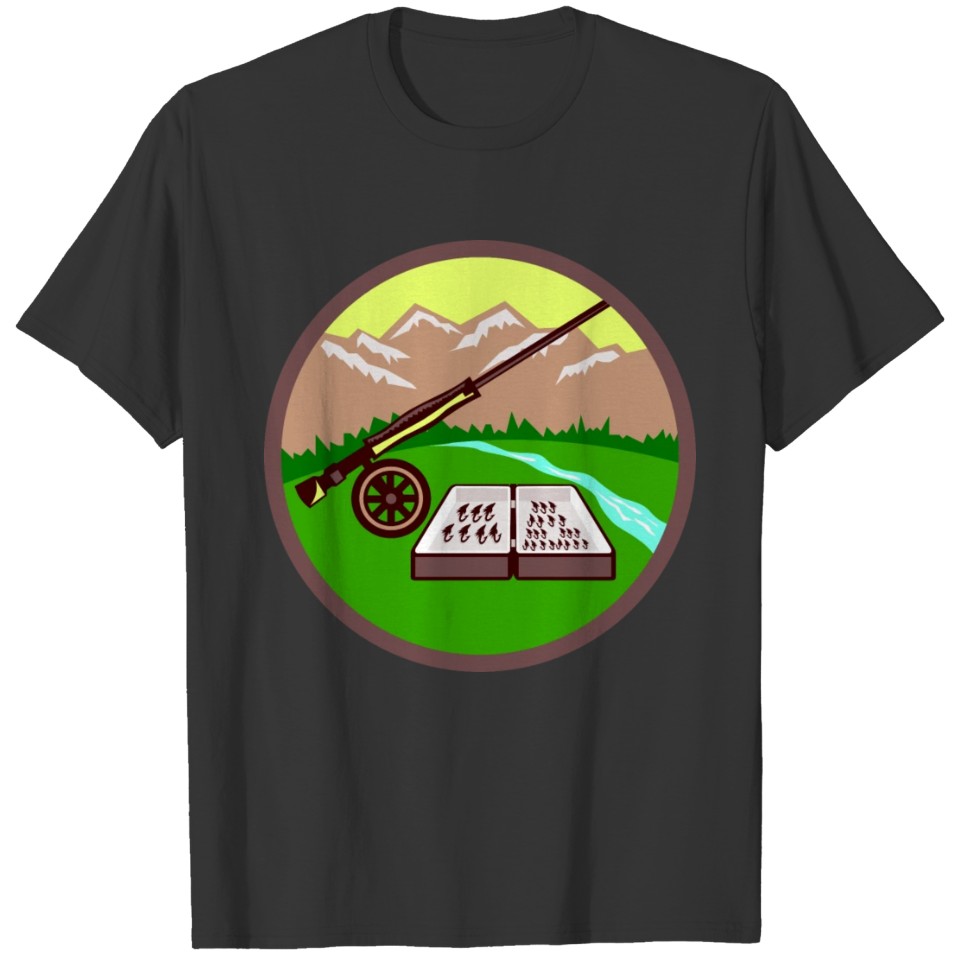 Fly Box Rod Mountains Circle Retro T-shirt