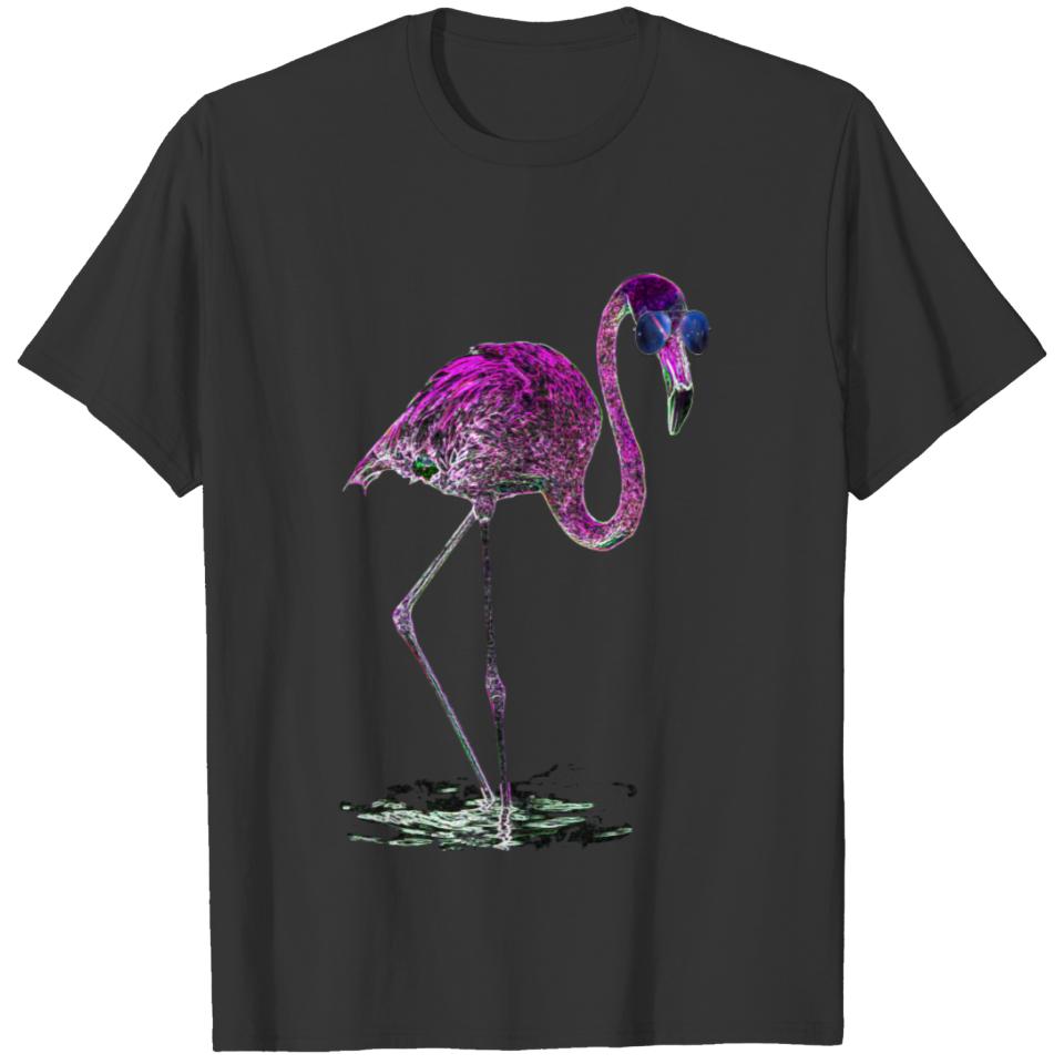 Neon Color Pink Flamingo Sunglasses + Galaxy > T-shirt