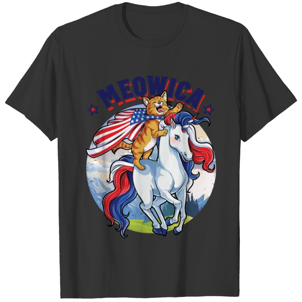 Meowica Cat Unicorn 4th of July T shirt Kids Girls Merica T-shirt