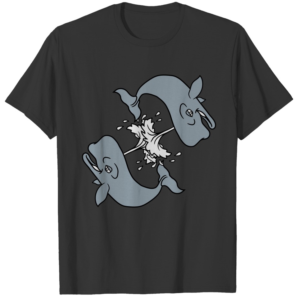 2 friends water splash fountain gray whale blue wh T-shirt