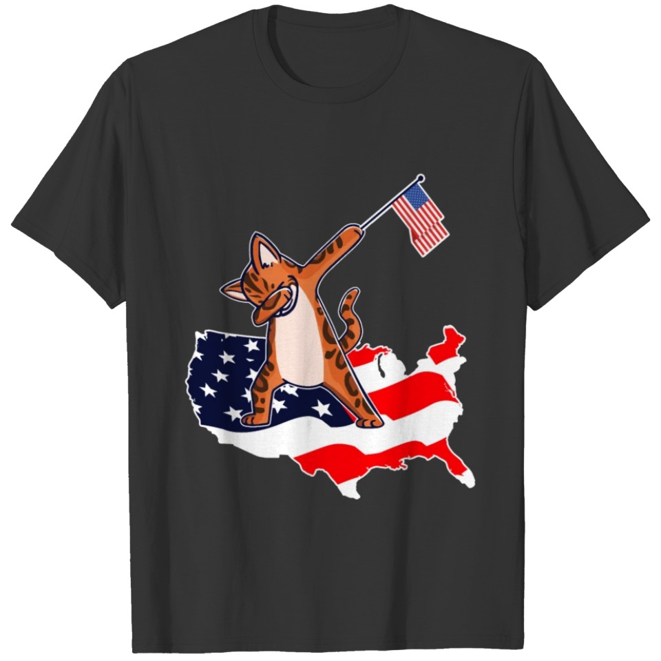Funny Dabbing Bengal Cat on American Flag Map T-shirt