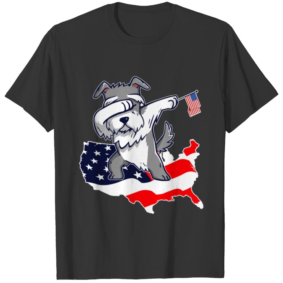 Funny Dabbing Schnauzer on American Flag Map T-shirt