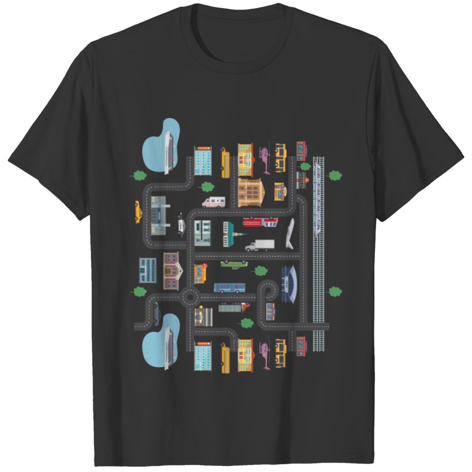 Car Train Road Playmat Map Town House design T-shirt