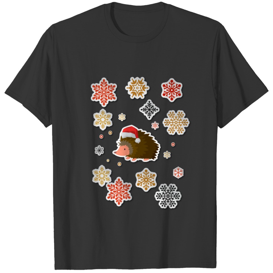 Cute Hedgehog Santa Hat Colorful Snowflakes T Shirts