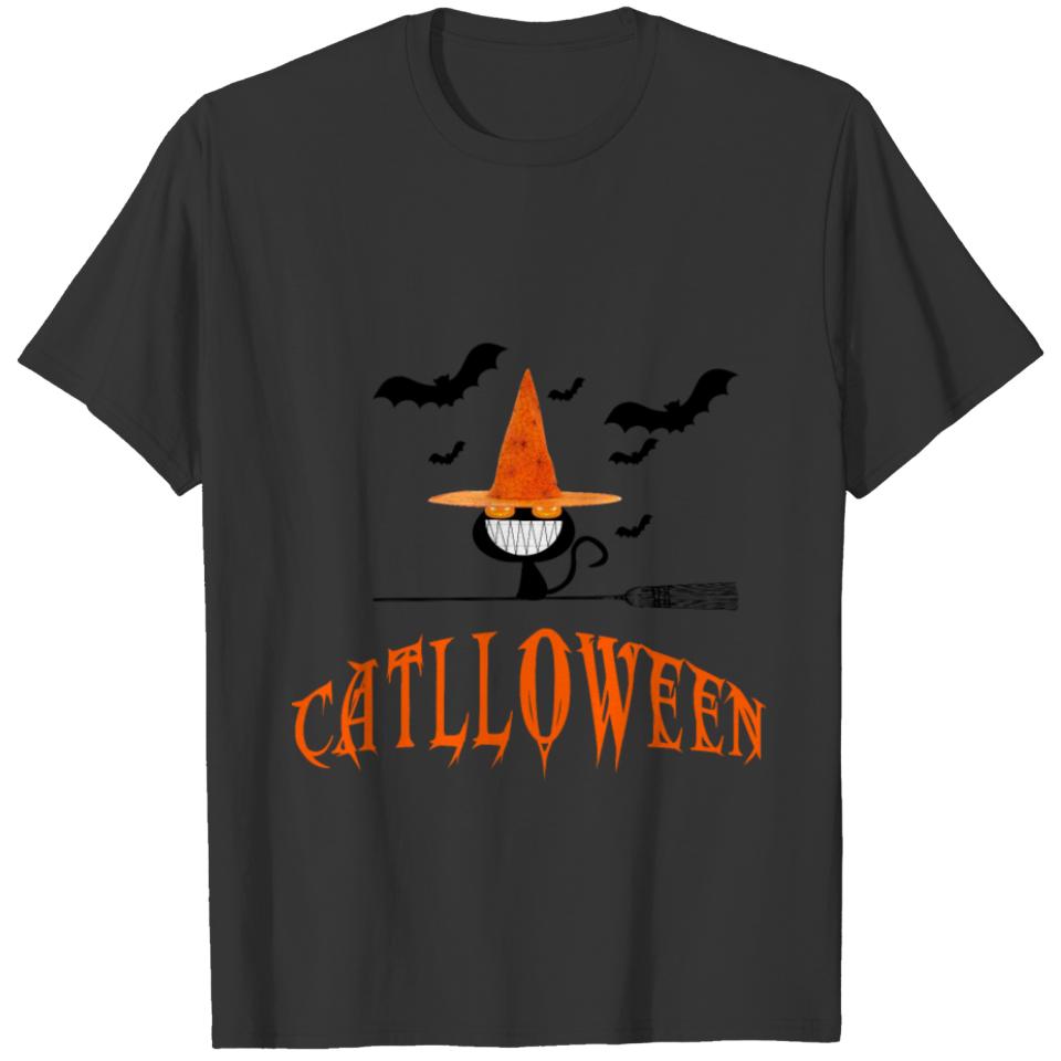 halloween funny cat pumpkin eyes T-shirt