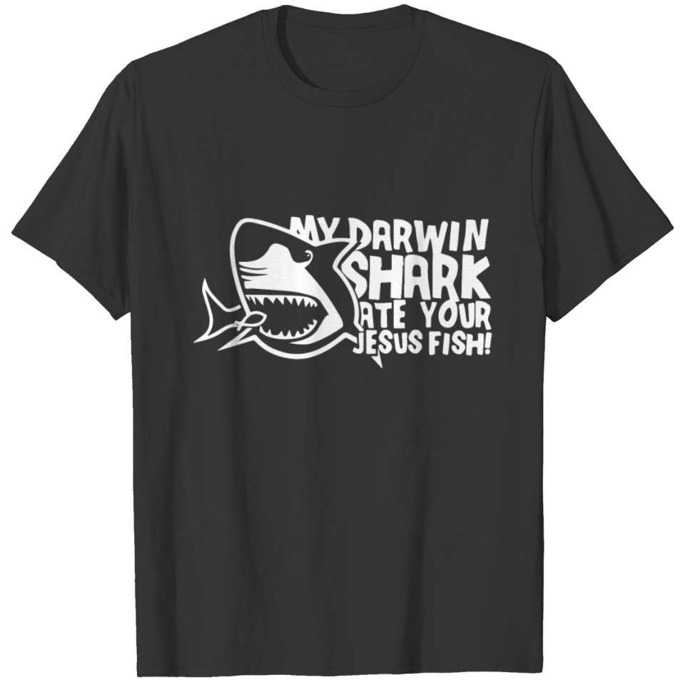 Men s My Darwin Shark Ate Your Jesus Fish Funny Jo T Shirts