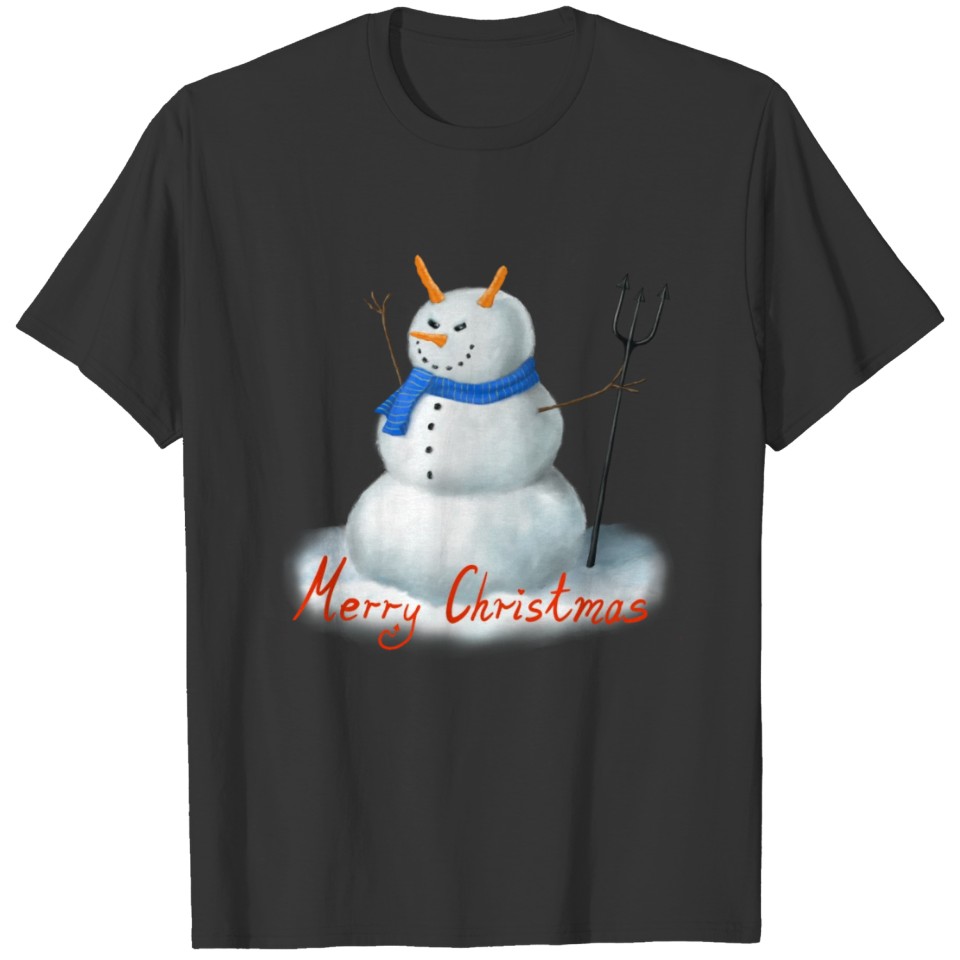 Devil Snowman Scarf Horns Merry Christmas T-shirt