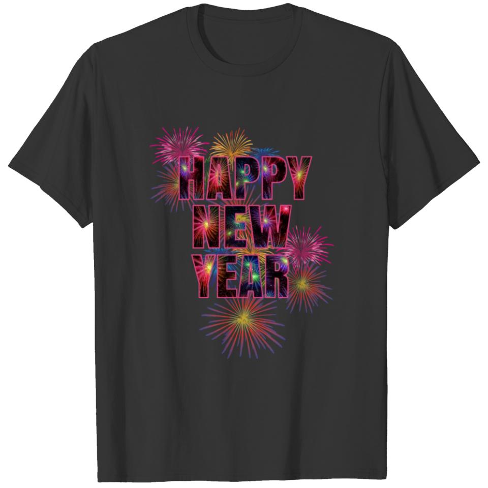 Happy New Year With Festive Fireworks Pink T-shirt